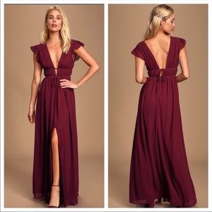 Lulu’s I’m All Yours Burgundy Ruffled Maxi Dress